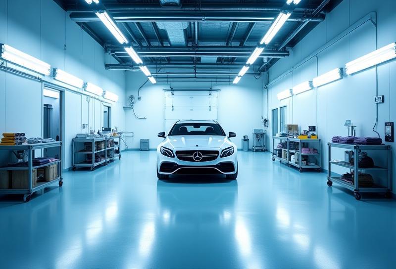 Interior view of a clean and modern car detailing bay at Kilat Kilau Auto Spa.