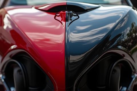 Before and after comparison of a car's exterior polish.
