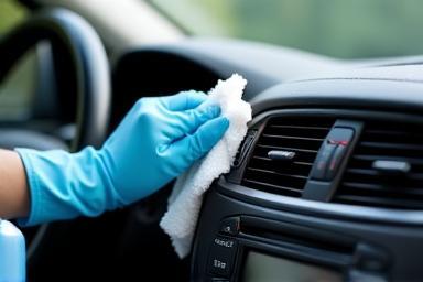 Cleaning a car's dashboard.
