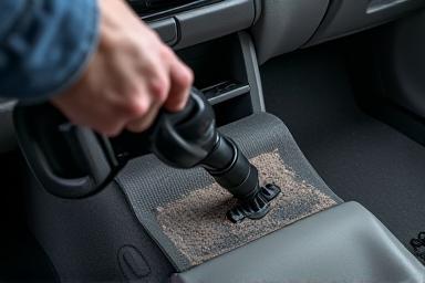 Person vacuuming car interior.